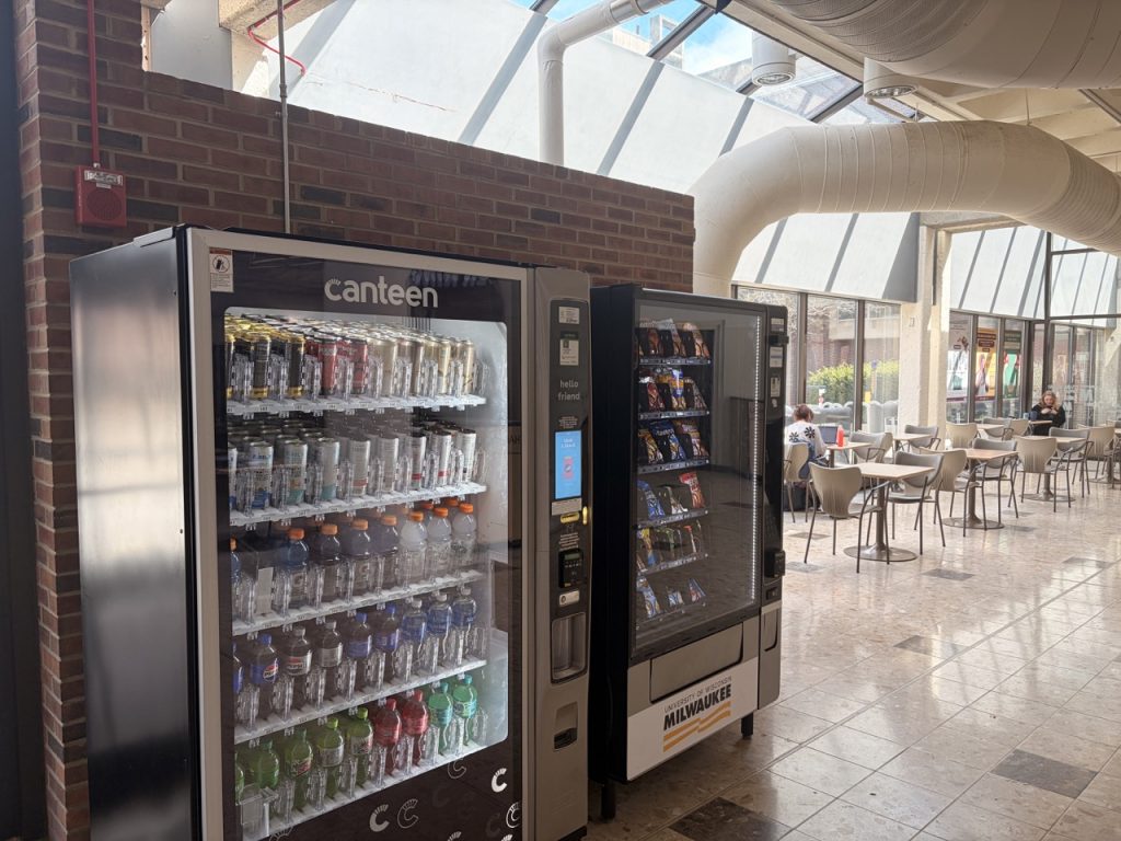 Two vending machines filled with energy drinks at UW-Milwaukee Student Union. 