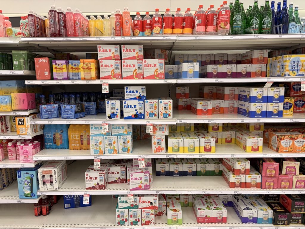 A collection of energy drinks in cases at Target. 